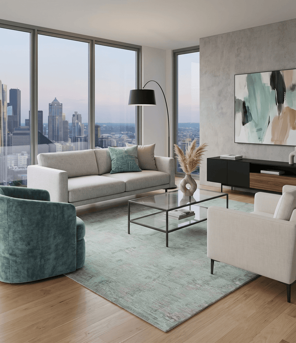 8x10 Modern Abstract Teal, Olive and Ivory Hand Tufted wool area rug