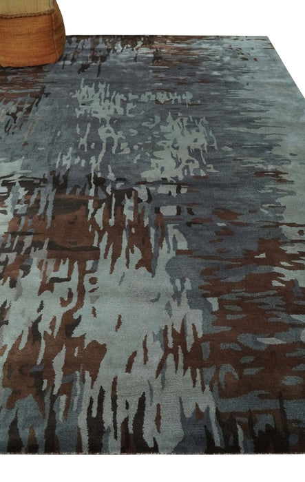 8x11 Gray, Silver and Brown Modern Abstract Hand Tufted wool and Art silk Area Rug