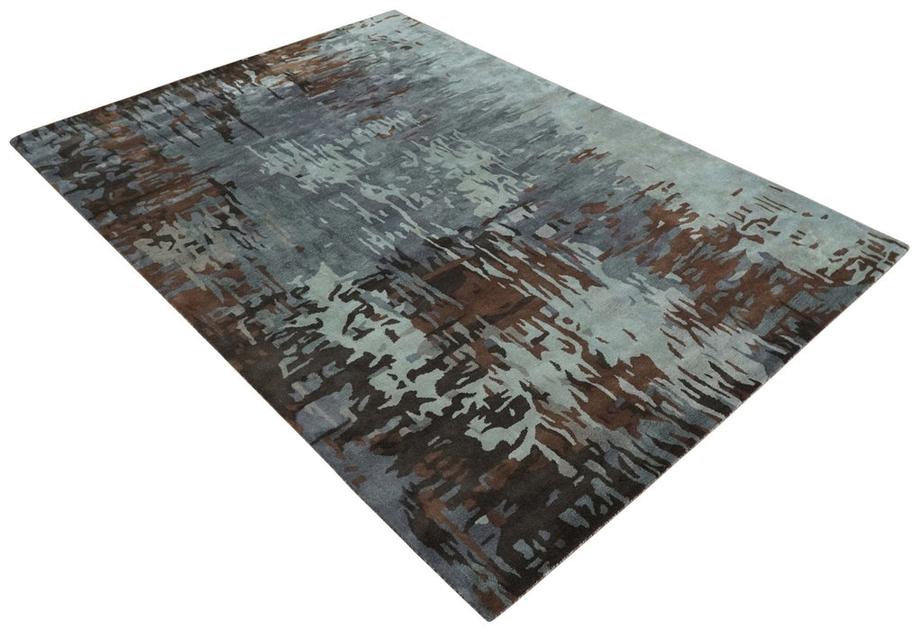 8x11 Gray, Silver and Brown Modern Abstract Hand Tufted wool and Art silk Area Rug