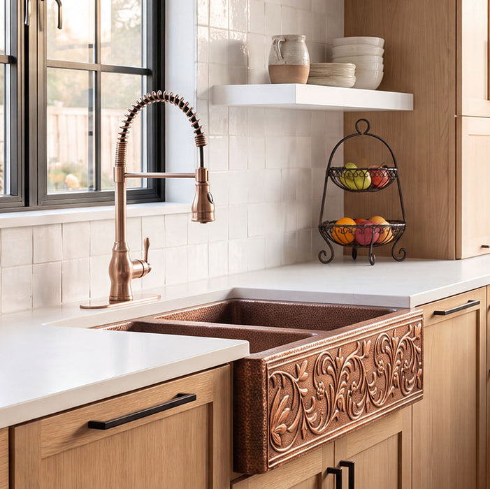 NAUXUS Copper Farmhouse Kitchen Sink, Handmade Single-Bowl Custom Copper Apron Sink Include Kitchen Basket Stainer , FMHK04-NX