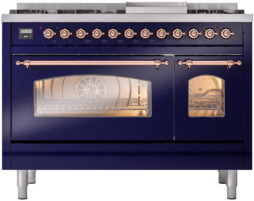 ILVE Nostalgie II 48" Dual Fuel Liquid Propane Range, Blue, Copper Trim UP48FNMPMBPLP ILVE