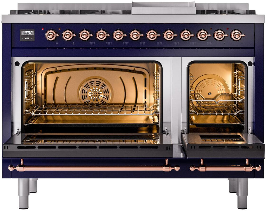 ILVE Nostalgie II 48" Dual Fuel Liquid Propane Range, Blue, Copper Trim UP48FNMPMBPLP ILVE