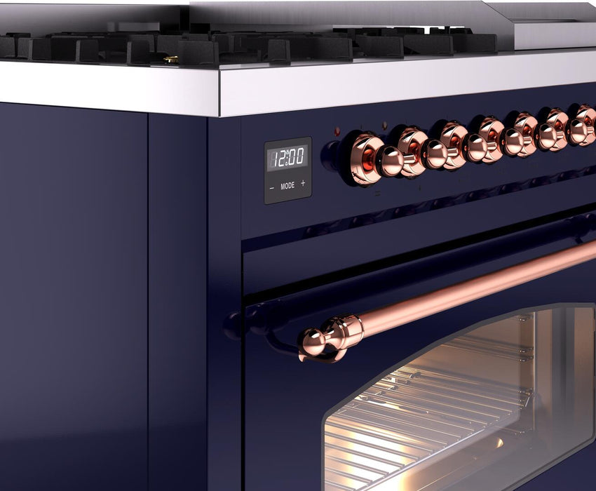 ILVE Nostalgie II 48" Dual Fuel Liquid Propane Range, Blue, Copper Trim UP48FNMPMBPLP ILVE