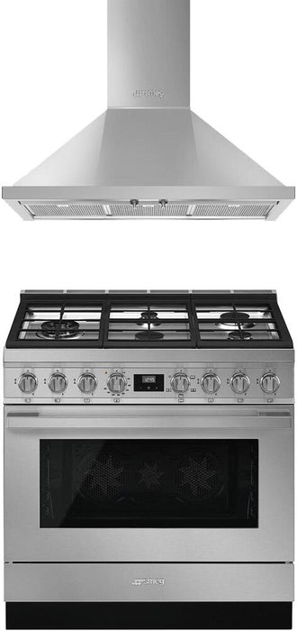 SMEG Portofino Series 2-Piece Stainless Steel Kitchen Package with CPF36UGGX 36" Gas Range and KPF36UX 36" Wall Mount Hood, 950936 SMEG