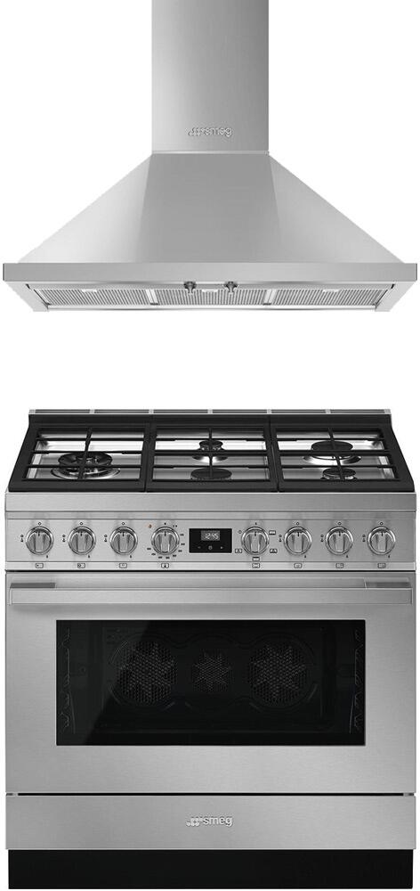 SMEG Portofino Series 2-Piece Stainless Steel Kitchen Package with CPF36UGGX 36" Gas Range and KPF36UX 36" Wall Mount Hood, 950936 SMEG
