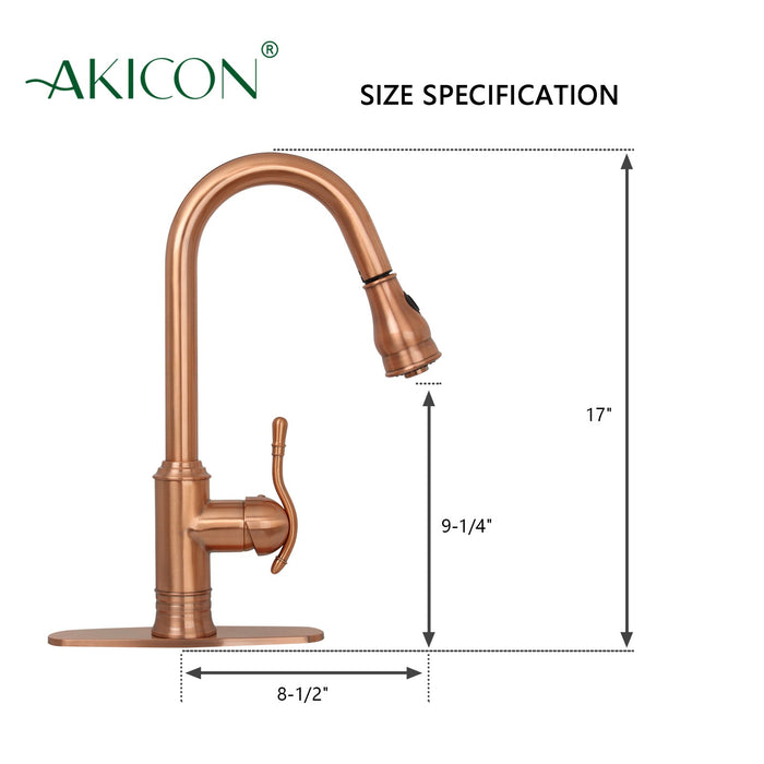 Copper Pull Out Kitchen Faucet, Single Level Solid Brass Kitchen Sink Faucets with Pull Down Sprayer — AK96415-D-C-48