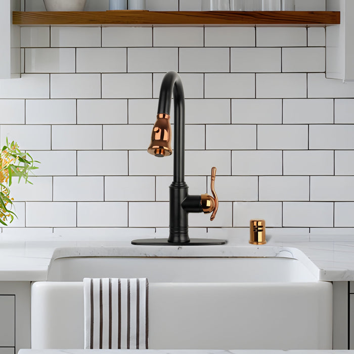 Two-Tone Matte Black & Rose Gold Pull Out Kitchen Faucet with Deck Plate, Single Level Solid Brass Kitchen Sink Faucets with Pull Down Sprayer - AK415BLRG