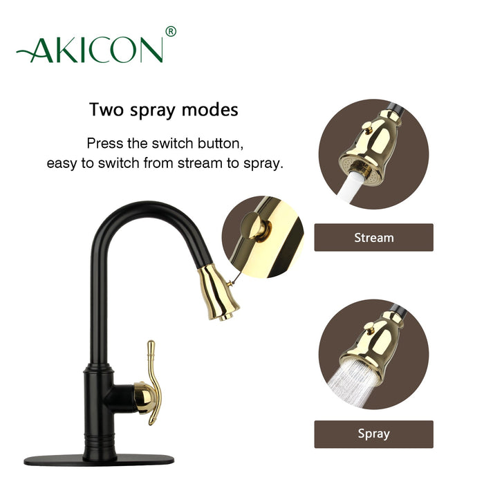 Two-Tone Matte Black & Gold Pull Out Kitchen Faucet with Deck Plate, Single Level Solid Brass Kitchen Sink Faucets with Pull Down Sprayer - AK415BLZG