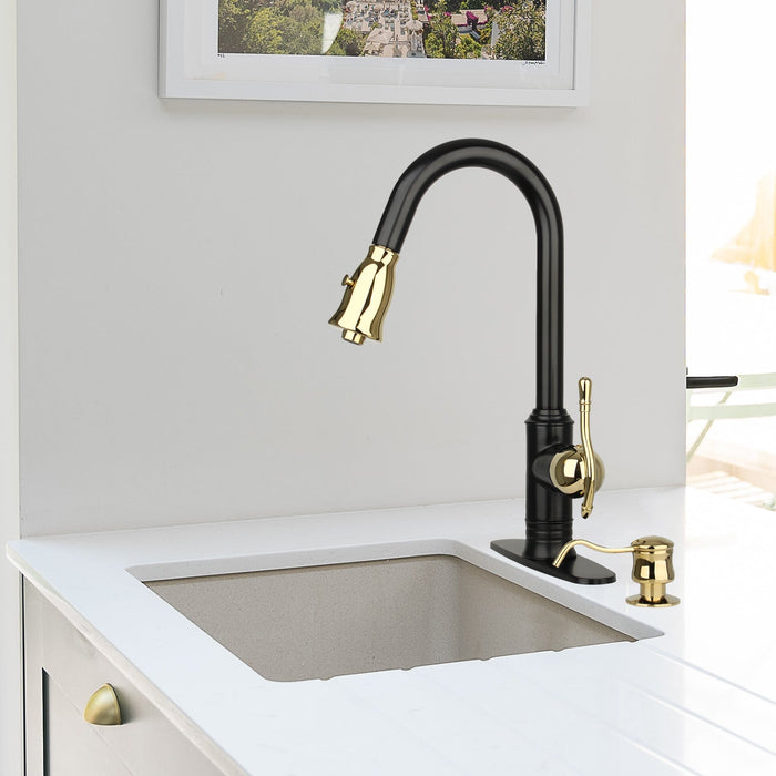 Two-Tone Matte Black & Gold Pull Out Kitchen Faucet with Deck Plate, Single Level Solid Brass Kitchen Sink Faucets with Pull Down Sprayer - AK415BLZG