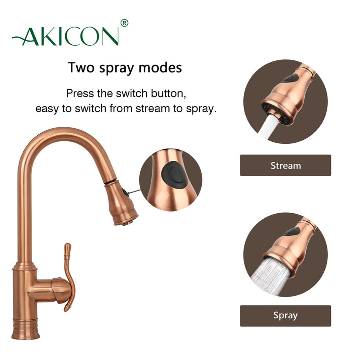Copper Pull Out Kitchen Faucet, Single Level Solid Brass Kitchen Sink Faucets with Pull Down Sprayer — AK96415-D-C-48