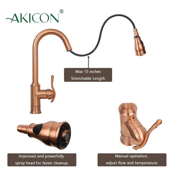 Copper Kitchen Faucet with Soap Dispenser, Single Handle Solid Brass High Arc Pull Down Sprayer Head Kitchen Sink Faucets with Deck Plate — AK96415-SD-C