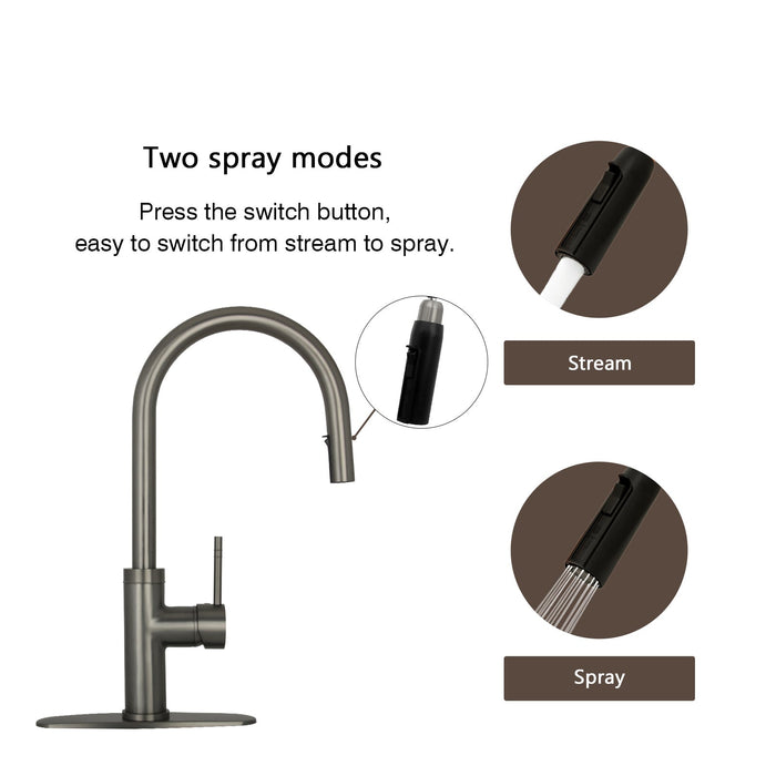 Gun Black Pull Out Kitchen Faucet with Deck Plate, Single Level Solid Brass Kitchen Sink Faucets with Pull Down Sprayer-AK96416BGB