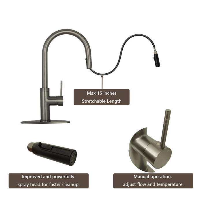 Gun Black Pull Out Kitchen Faucet with Deck Plate, Single Level Solid Brass Kitchen Sink Faucets with Pull Down Sprayer-AK96416BGB