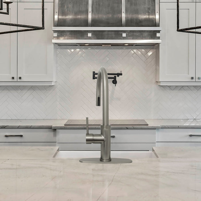 Gun Black Pull Out Kitchen Faucet with Deck Plate, Single Level Solid Brass Kitchen Sink Faucets with Pull Down Sprayer-AK96416BGB