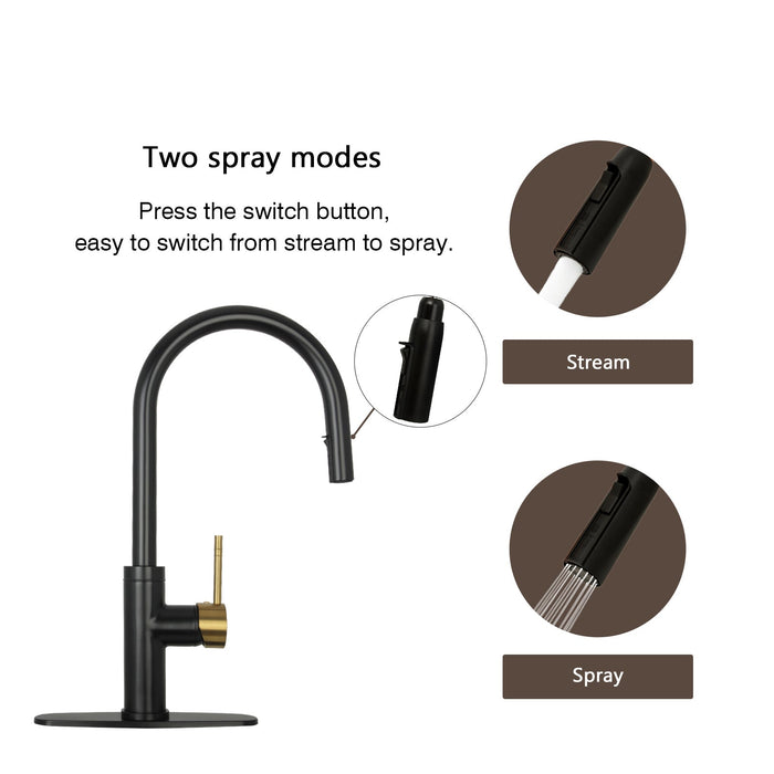 Matte Black & Brushed Gold Pull Out Kitchen Faucet with Deck Plate, Single Level Solid Brass Kitchen Sink Faucets with Pull Down Sprayer-AK96416BLBG