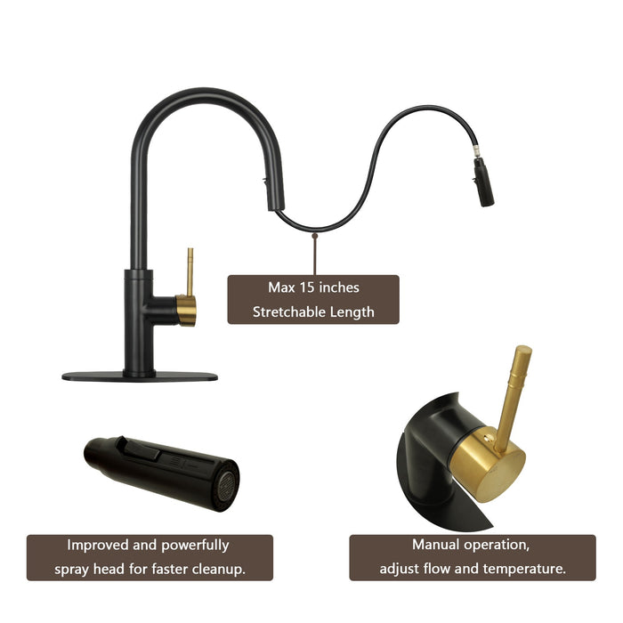 Matte Black & Brushed Gold Pull Out Kitchen Faucet with Deck Plate, Single Level Solid Brass Kitchen Sink Faucets with Pull Down Sprayer-AK96416BLBG