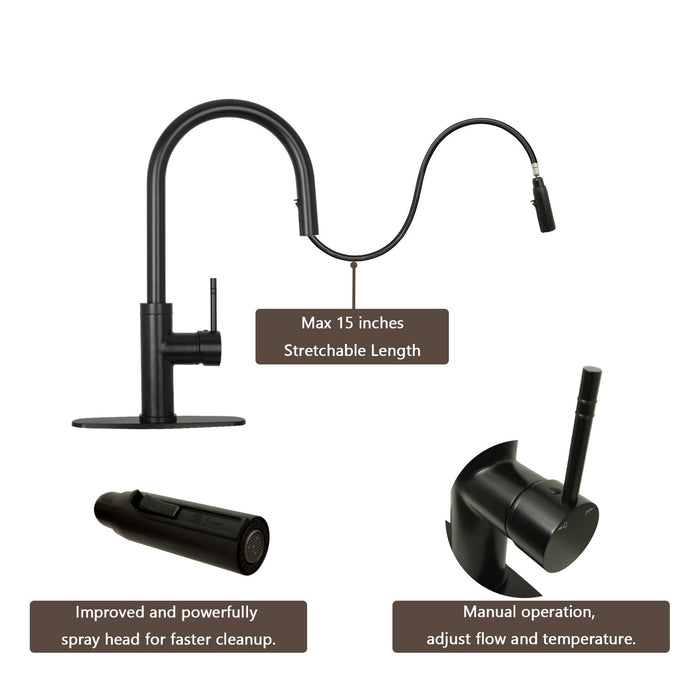Matte Black Pull Out Kitchen Faucet with Deck Plate, Single Level Solid Brass Kitchen Sink Faucets with Pull Down Sprayer-AK96416MB