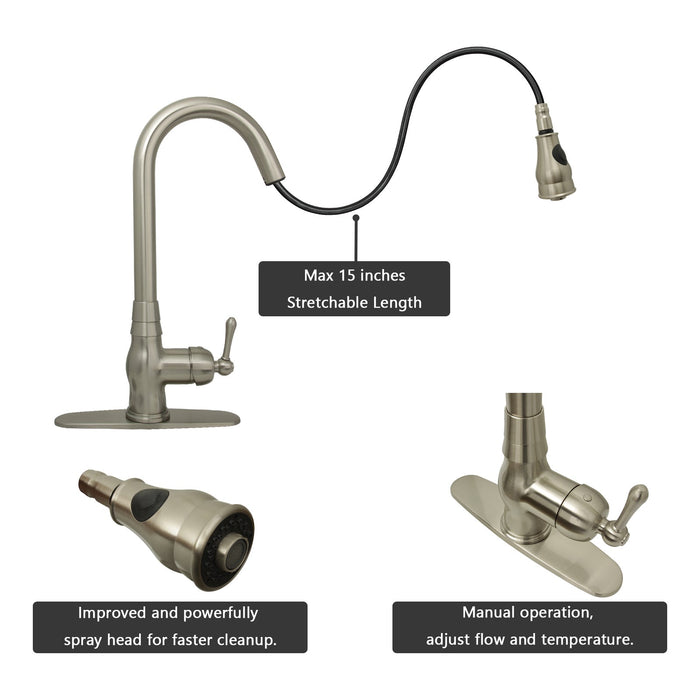 Pull Out Kitchen Faucet with Deck Plate, Single Level Solid Brass Kitchen Sink Faucets with Pull Down Sprayer-AK96418-D-BN