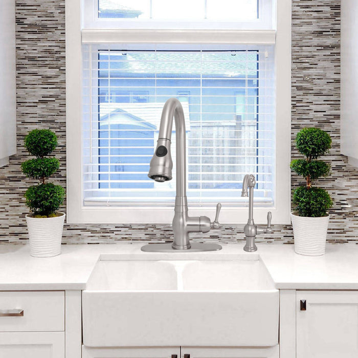 Pull Out Kitchen Faucet with Deck Plate, Single Level Solid Brass Kitchen Sink Faucets with Pull Down Sprayer-AK96418-D-BN