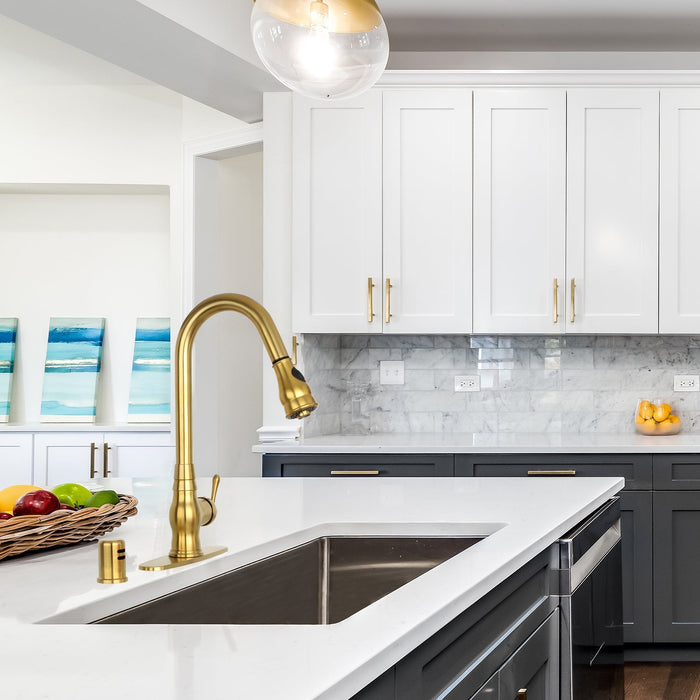 Pull Out Kitchen Faucet with Deck Plate, Single Level Solid Brass Kitchen Sink Faucets with Pull Down Sprayer-AK96418-D-BTG