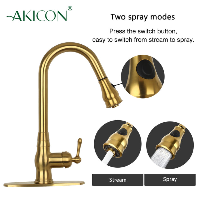 Pull Out Kitchen Faucet with Deck Plate, Single Level Solid Brass Kitchen Sink Faucets with Pull Down Sprayer-AK96418-D-BTG