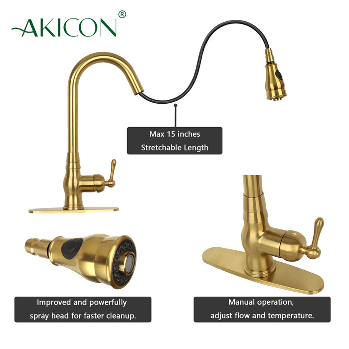 Pull Out Kitchen Faucet with Deck Plate, Single Level Solid Brass Kitchen Sink Faucets with Pull Down Sprayer-AK96418-D-BTG