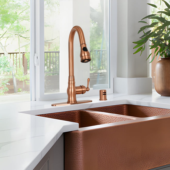 Copper Pull Out Kitchen Faucet, Single Level Solid Brass Kitchen Sink Faucets with Pull Down Sprayer - AK96418C
