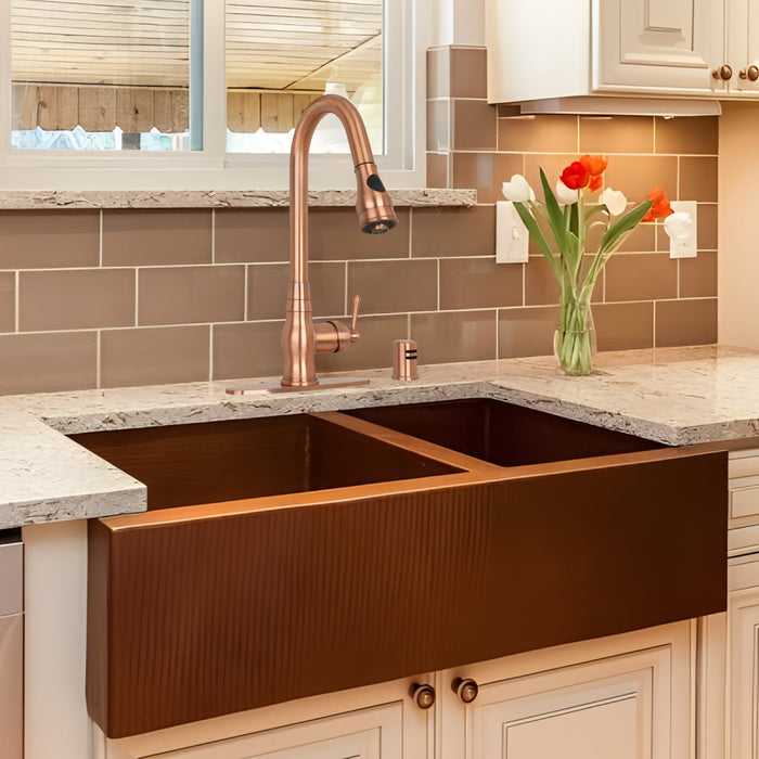 Copper Kitchen Faucet with Soap Dispenser, Single Handle Solid Brass High Arc Pull Down Sprayer Head Kitchen Sink Faucets with Deck Plate — AK96418-SD-C