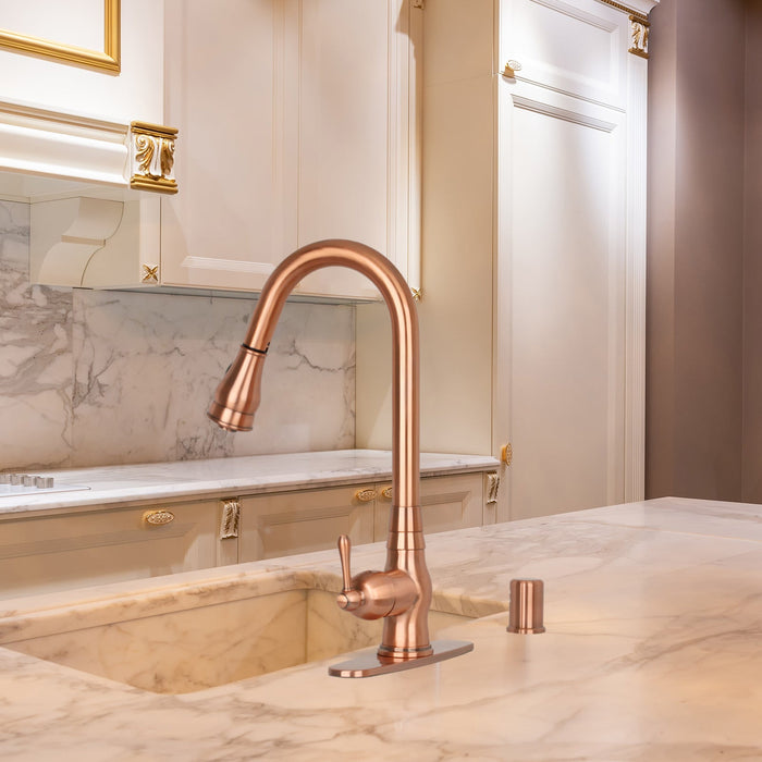 Copper Kitchen Faucet with Soap Dispenser, Single Handle Solid Brass High Arc Pull Down Sprayer Head Kitchen Sink Faucets with Deck Plate — AK96418-SD-C