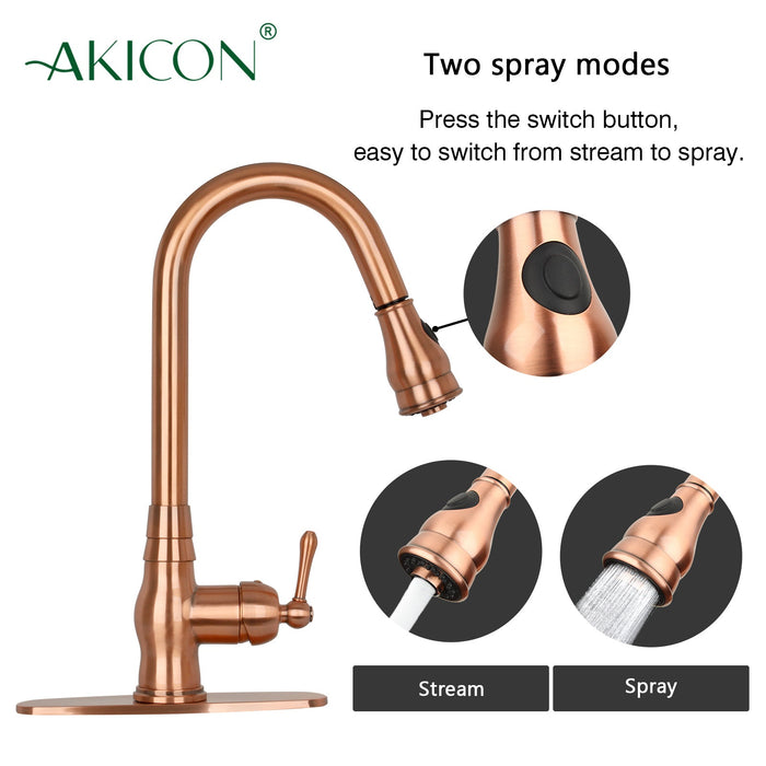 Pull Out Kitchen Faucet with Deck Plate, Single Level Solid Brass Kitchen Sink Faucets with Pull Down Sprayer — AK96418-D-C-48