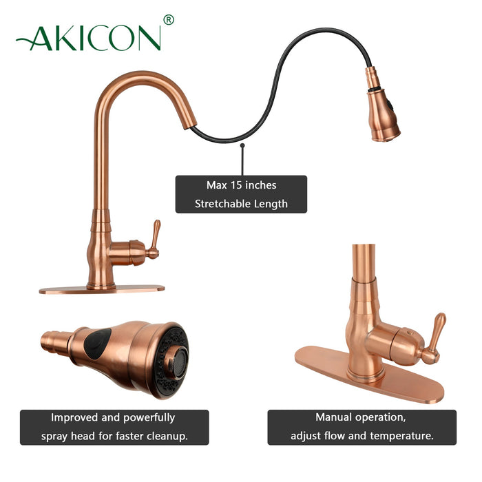 Pull Out Kitchen Faucet with Deck Plate, Single Level Solid Brass Kitchen Sink Faucets with Pull Down Sprayer — AK96418-D-C-48