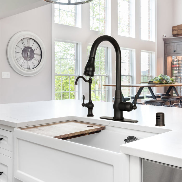 Pull Out Kitchen Faucet with Deck Plate, Single Level Solid Brass Kitchen Sink Faucets with Pull Down Sprayer-AK96418-D-ORB