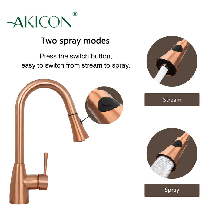 Copper Kitchen Faucet with Soap Dispenser, Single Handle Solid Brass High Arc Pull Down Sprayer Head Kitchen Sink Faucets with Deck Plate — AK96455-SD-C