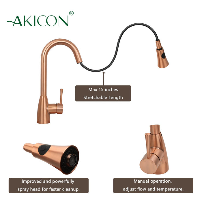 Copper Pull Out Kitchen Faucet, Single Level Solid Brass Kitchen Sink Faucets with Pull Down Sprayer — AK96455-C-48