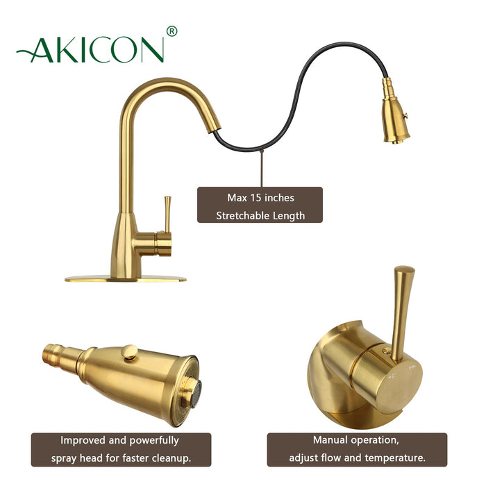 Brushed Gold Pull Out Kitchen Faucet with Deck Plate, Single Level Solid Brass Kitchen Sink Faucets with Pull Down Sprayer - AK455BTG
