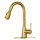 Brushed Gold Pull Out Kitchen Faucet with Deck Plate, Single Level Solid Brass Kitchen Sink Faucets with Pull Down Sprayer — AK455BTG