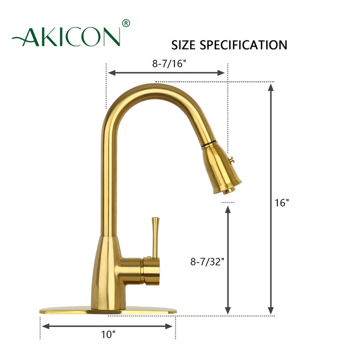 Brushed Gold Pull Out Kitchen Faucet with Deck Plate, Single Level Solid Brass Kitchen Sink Faucets with Pull Down Sprayer - AK455BTG