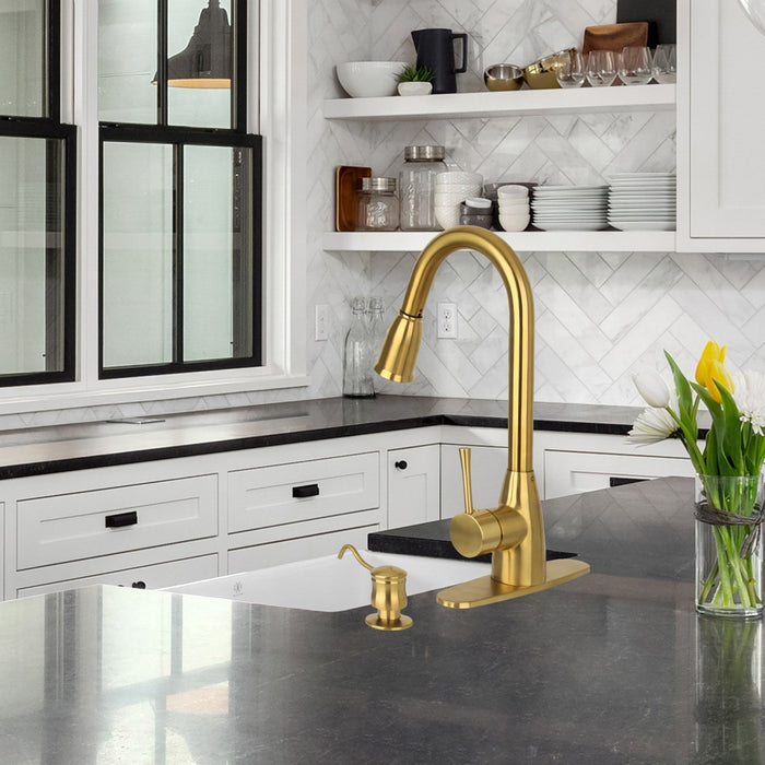 Brushed Gold Pull Out Kitchen Faucet with Deck Plate, Single Level Solid Brass Kitchen Sink Faucets with Pull Down Sprayer - AK455BTG