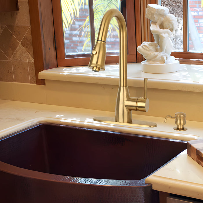 Brushed Gold Pull Out Kitchen Faucet with Deck Plate, Single Level Solid Brass Kitchen Sink Faucets with Pull Down Sprayer - AK455BTG
