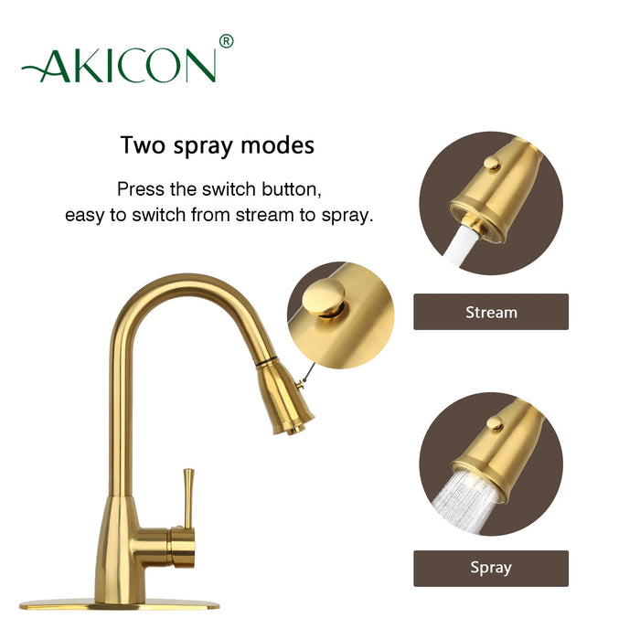 Brushed Gold Pull Out Kitchen Faucet with Deck Plate, Single Level Solid Brass Kitchen Sink Faucets with Pull Down Sprayer - AK455BTG