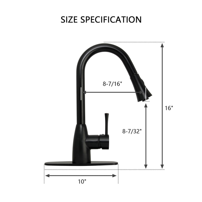Matte Black Pull Out Kitchen Faucet with Deck Plate, Single Level Solid Brass Kitchen Sink Faucets with Pull Down Sprayer - AK96455MB