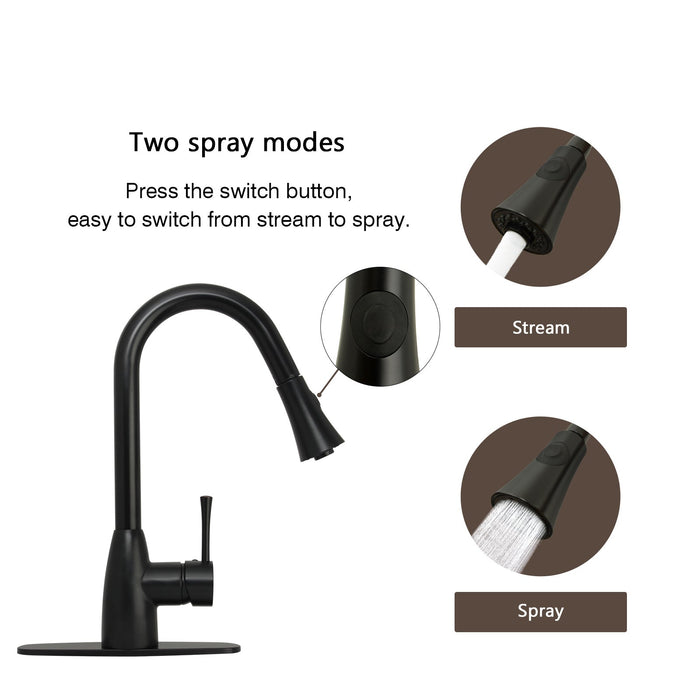 Matte Black Pull Out Kitchen Faucet with Deck Plate, Single Level Solid Brass Kitchen Sink Faucets with Pull Down Sprayer - AK96455MB