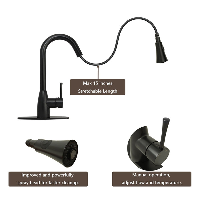 Matte Black Pull Out Kitchen Faucet with Deck Plate, Single Level Solid Brass Kitchen Sink Faucets with Pull Down Sprayer - AK96455MB
