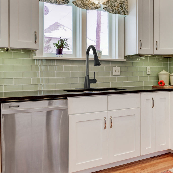 Matte Black Pull Out Kitchen Faucet with Deck Plate, Single Level Solid Brass Kitchen Sink Faucets with Pull Down Sprayer - AK96455MB