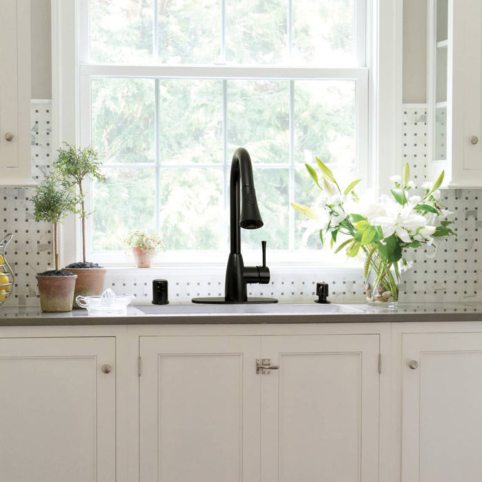 Matte Black Pull Out Kitchen Faucet with Deck Plate, Single Level Solid Brass Kitchen Sink Faucets with Pull Down Sprayer - AK96455MB