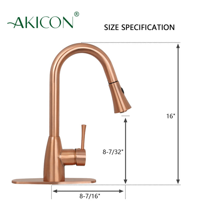 Copper Kitchen Faucet with Soap Dispenser, Single Handle Solid Brass High Arc Pull Down Sprayer Head Kitchen Sink Faucets with Deck Plate — AK96455-SD-C