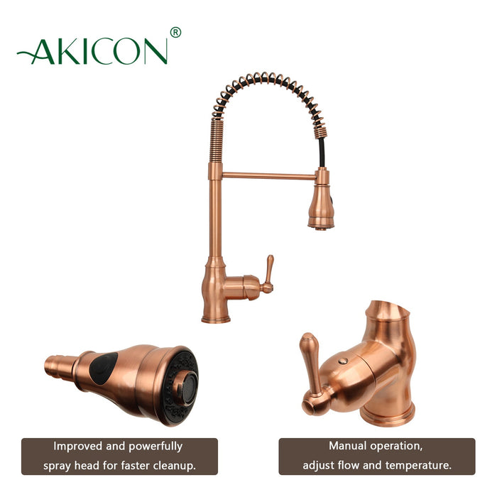 Copper Kitchen Faucet with Soap Dispenser, Single Handle Solid Brass High Arc Pull Down Sprayer Head Kitchen Sink Faucets with Deck Plate — AK96518-SD-C