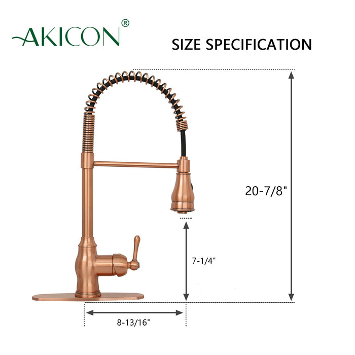 Copper Kitchen Faucet with Soap Dispenser, Single Handle Solid Brass High Arc Pull Down Sprayer Head Kitchen Sink Faucets with Deck Plate — AK96518-SD-C