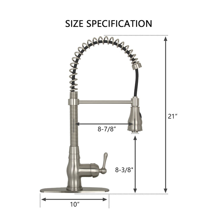 Pre-Rinse Spring Kitchen Faucet, Single Level Solid Brass Kitchen Sink Faucets with Pull Down Sprayer - Brushed Nickel