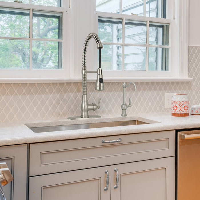 Pre-Rinse Spring Kitchen Faucet, Single Level Solid Brass Kitchen Sink Faucets with Pull Down Sprayer - Brushed Nickel